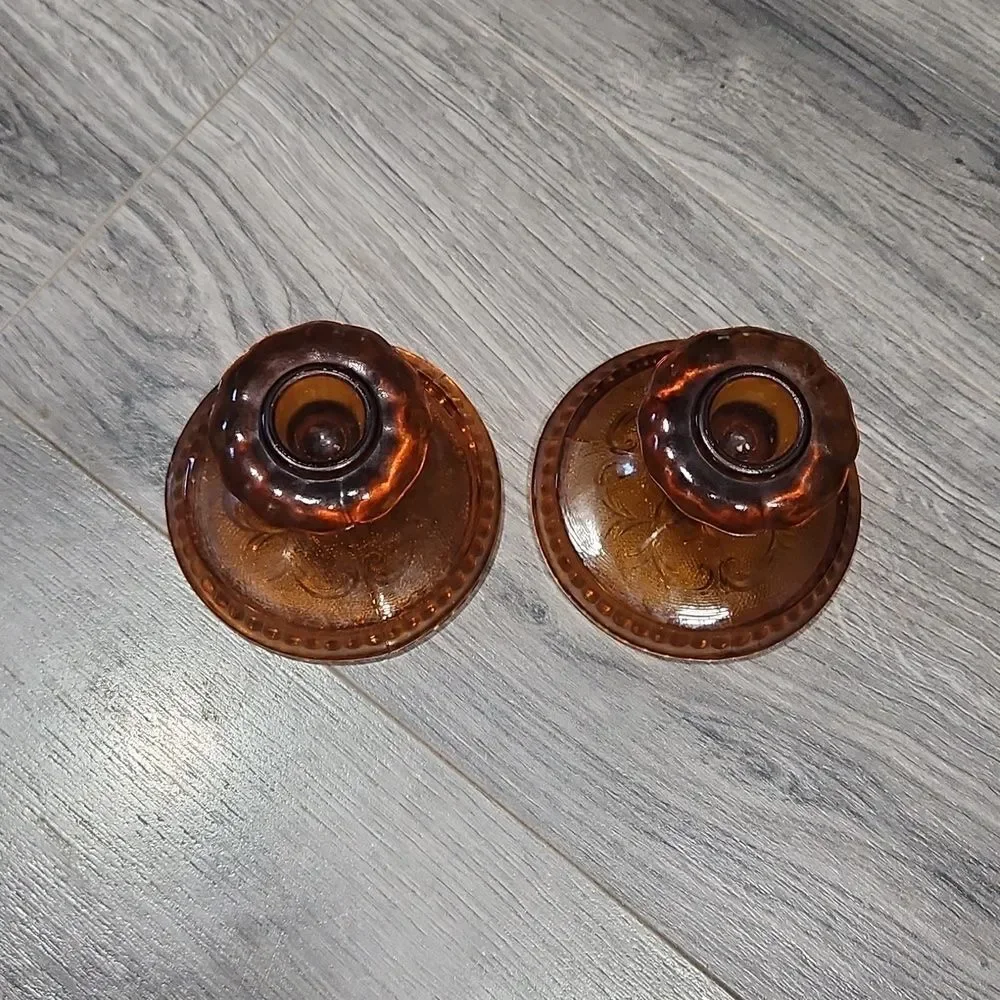 Vintage Set Of 2 Amber Tiara Indiana Glass Short Candlesticks